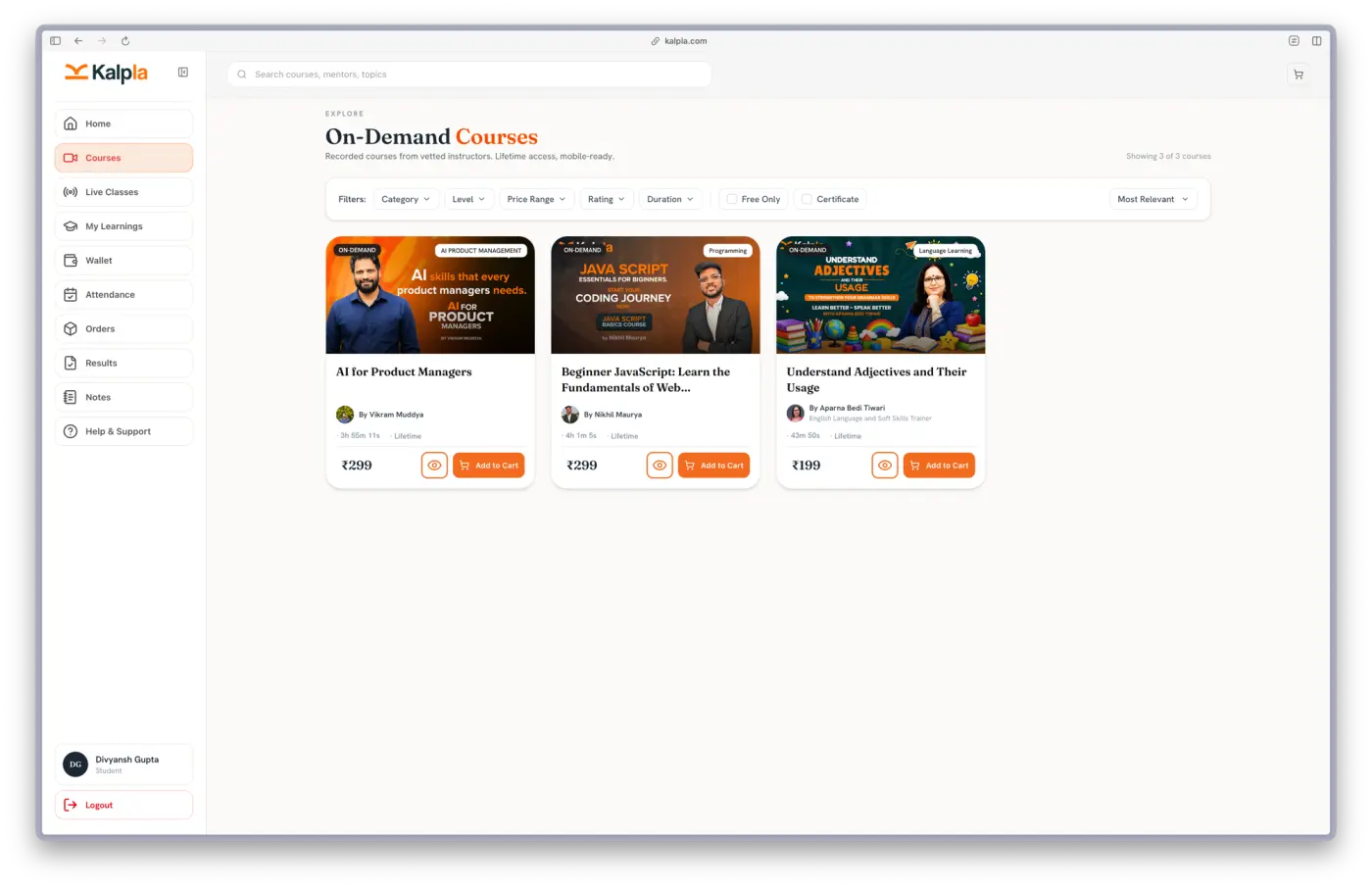 Kalpla Web interface 3